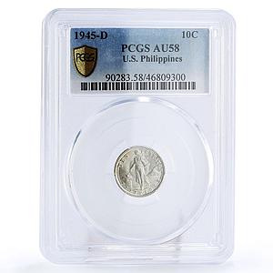 USA Philippines 10 centavos State Coinage KM-181 AU58 PCGS silver coin 1945