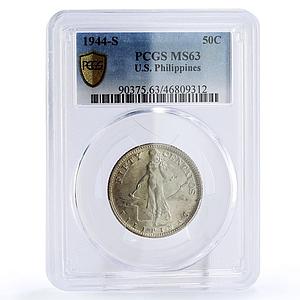USA Philippines 50 centavos State Coinage KM-183 MS63 PCGS silver coin 1944