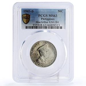 Philippines 50 centavos General MacArthur Politics MS63 PCGS silver coin 1947