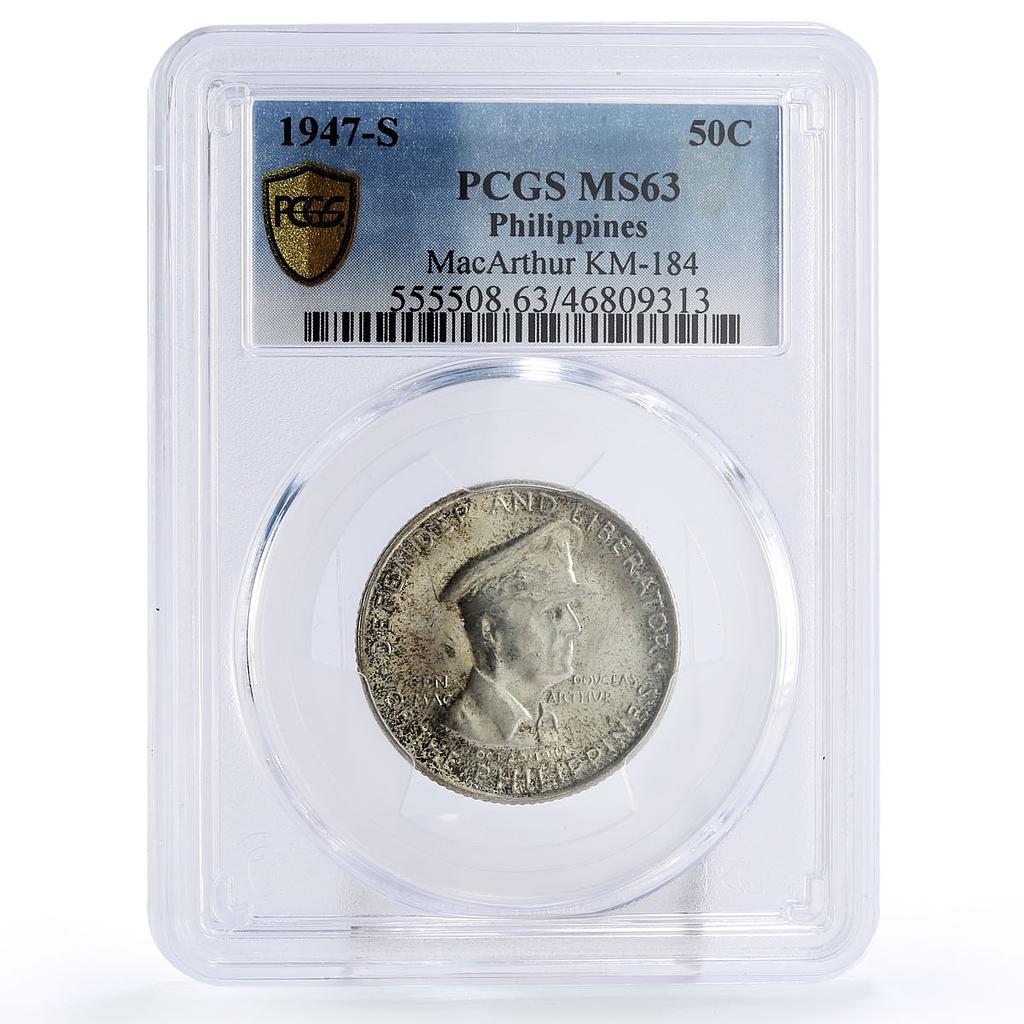 Philippines 50 centavos General MacArthur Politics MS63 PCGS silver coin 1947