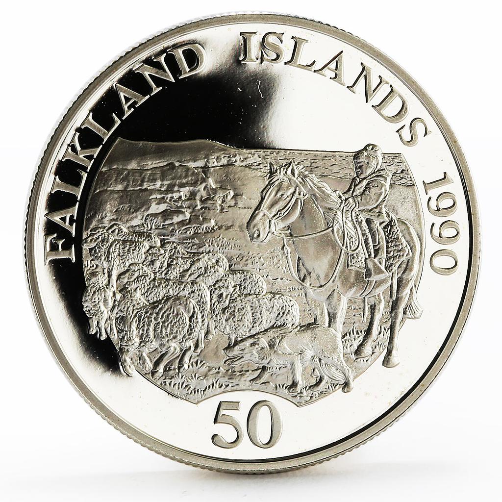 Falkland Islands 50 pence Children Fund Child on Horseback silver coin 1990