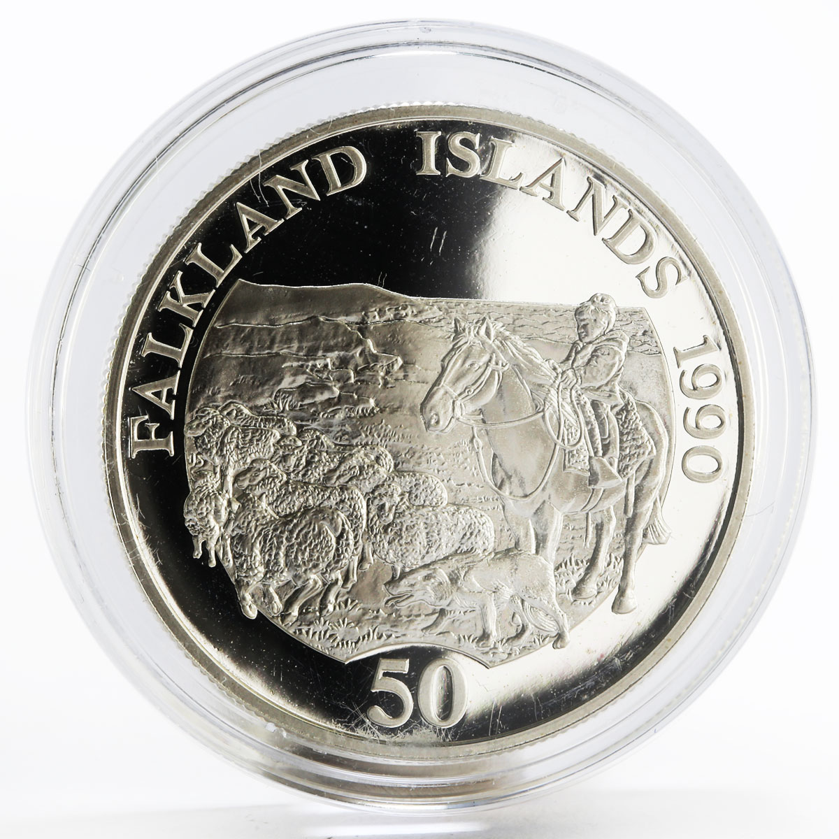 Falkland Islands 50 pence Children Fund Child on Horseback silver coin 1990