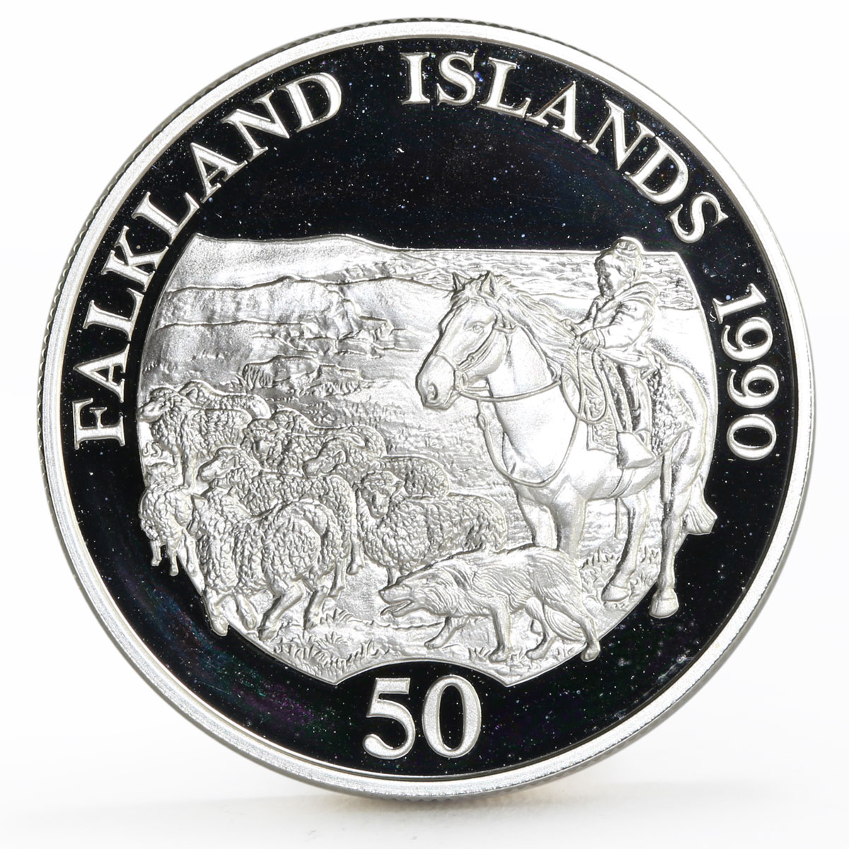 Falkland Islands 50 pence Children Fund Child on Horseback silver coin 1990