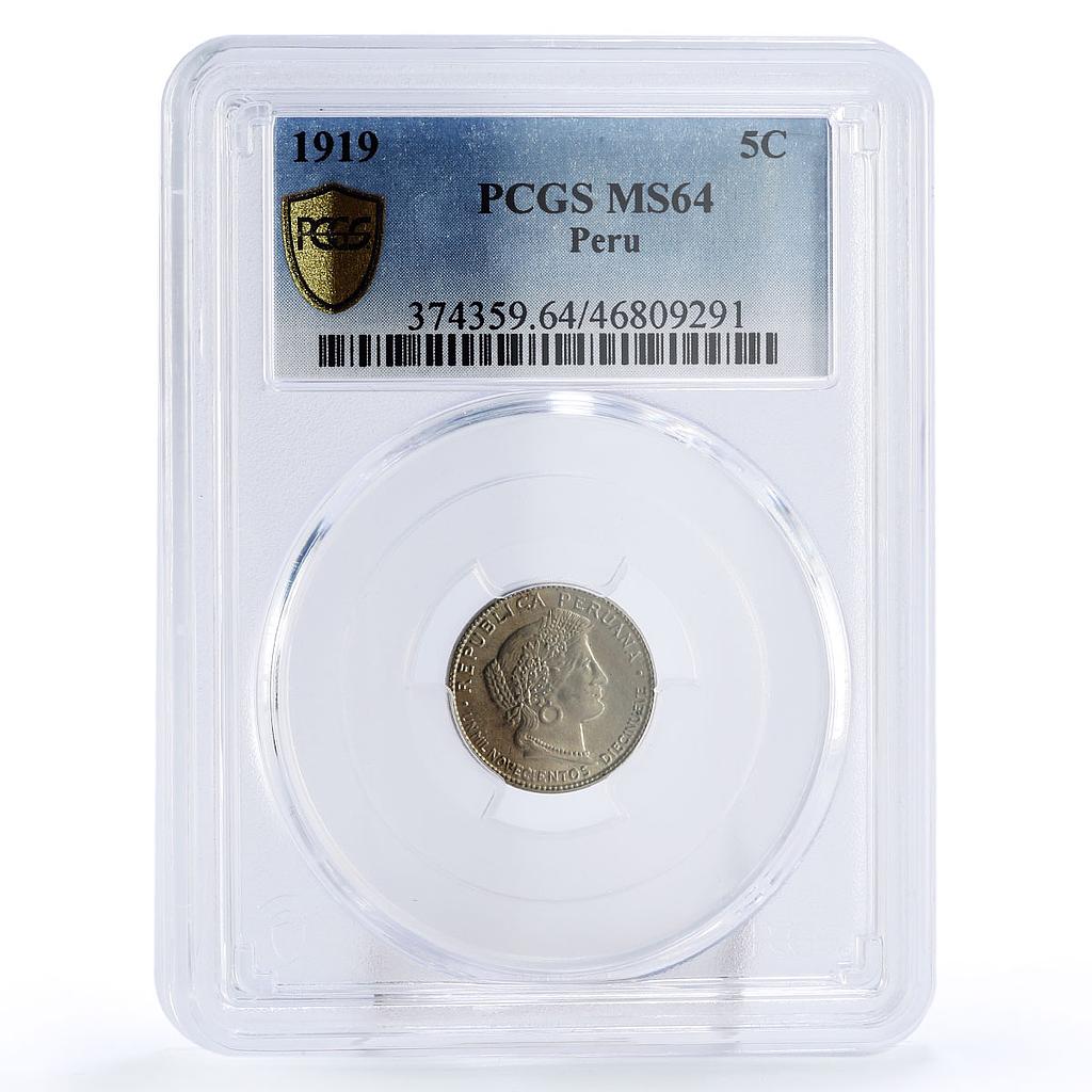 Peru 5 centavos State Coinage Ceres Obverse KM-213 MS64 PCGS CuNi coin 1919