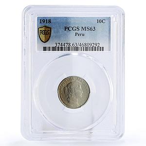 Peru 10 centavos State Coinage Ceres Obverse KM-214 MS63 PCGS CuNi coin 1918