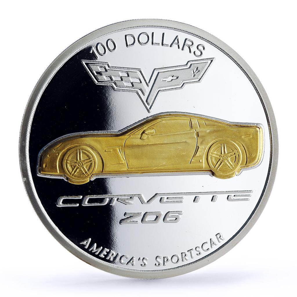 Palau 100 dollars General Motors Sportscar Corvette Car proof silver coin 2008