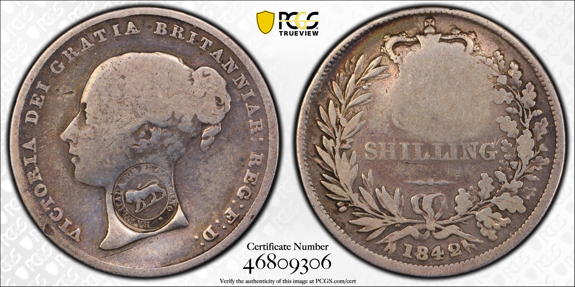 Costa Rica 2 reales Queen Victoria Coat of Arms GB Shil VG10 PCGS silver 1842