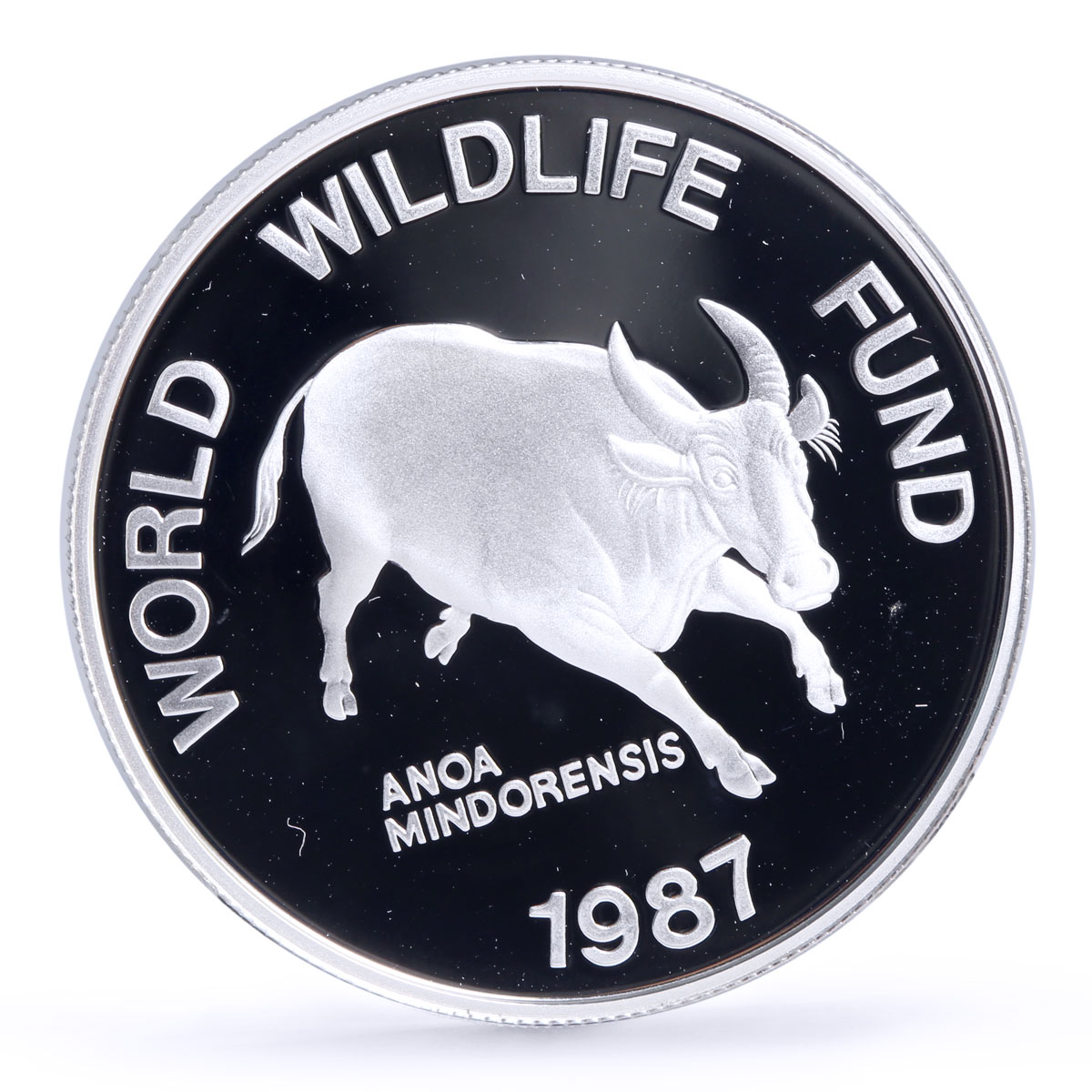 Philippines 200 piso WWF Mindoro Buffalo Bull Fauna proof silver coin 1987