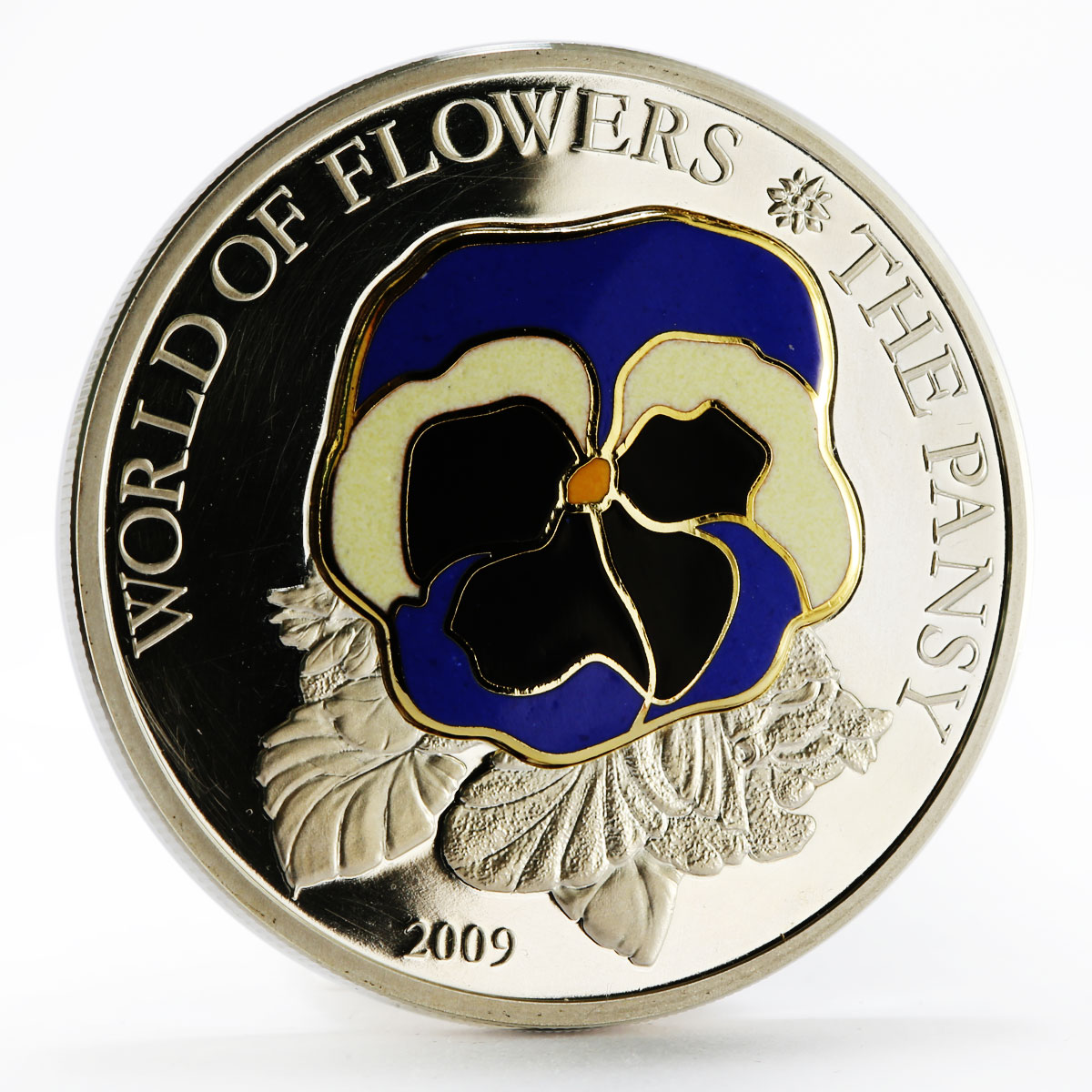 Cook Islands 5 dollars World of Flowers series Pansy colored silver coin 2009