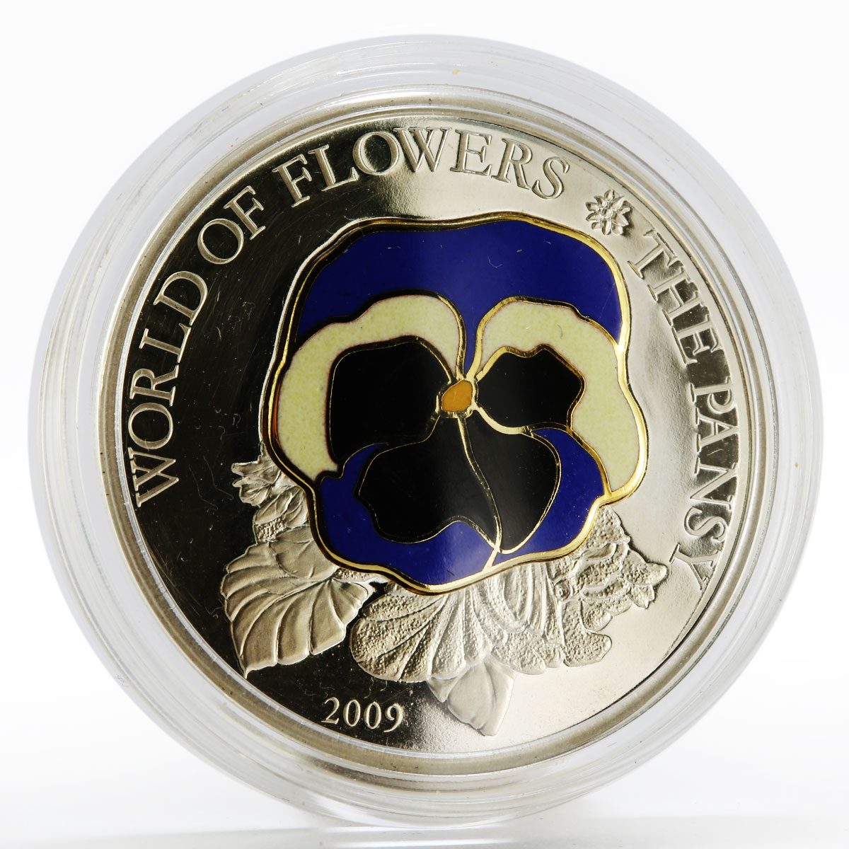 Cook Islands 5 dollars World of Flowers series Pansy colored silver coin 2009