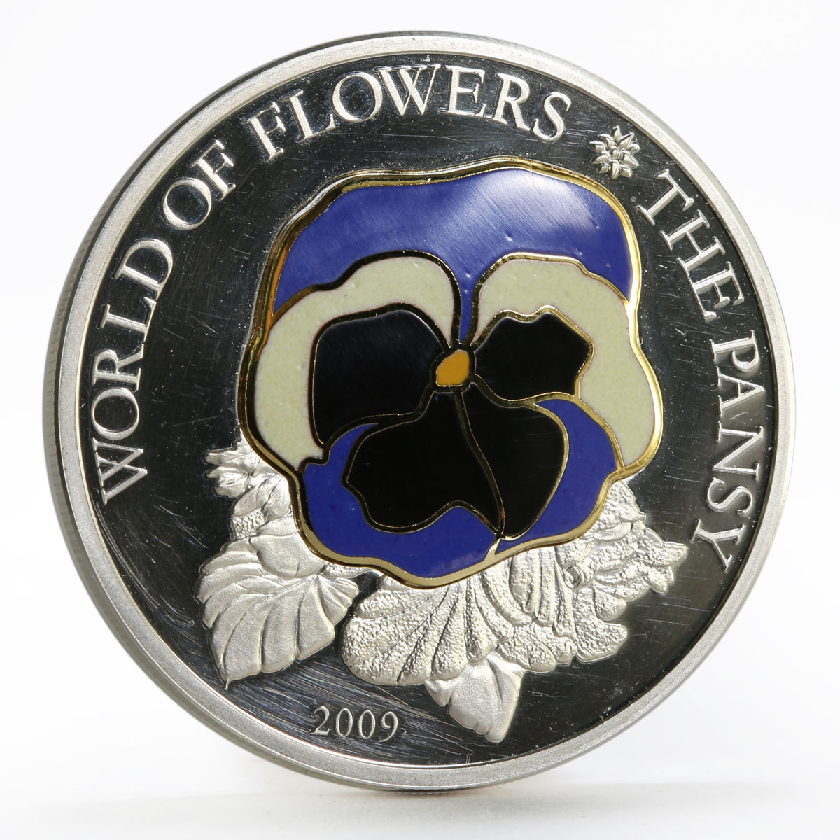 Cook Islands 5 dollars World of Flowers series Pansy colored silver coin 2009