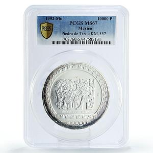 Mexico 10000 pesos Precolombina Piedra de Tizoc MS67 PCGS silver coin 1992