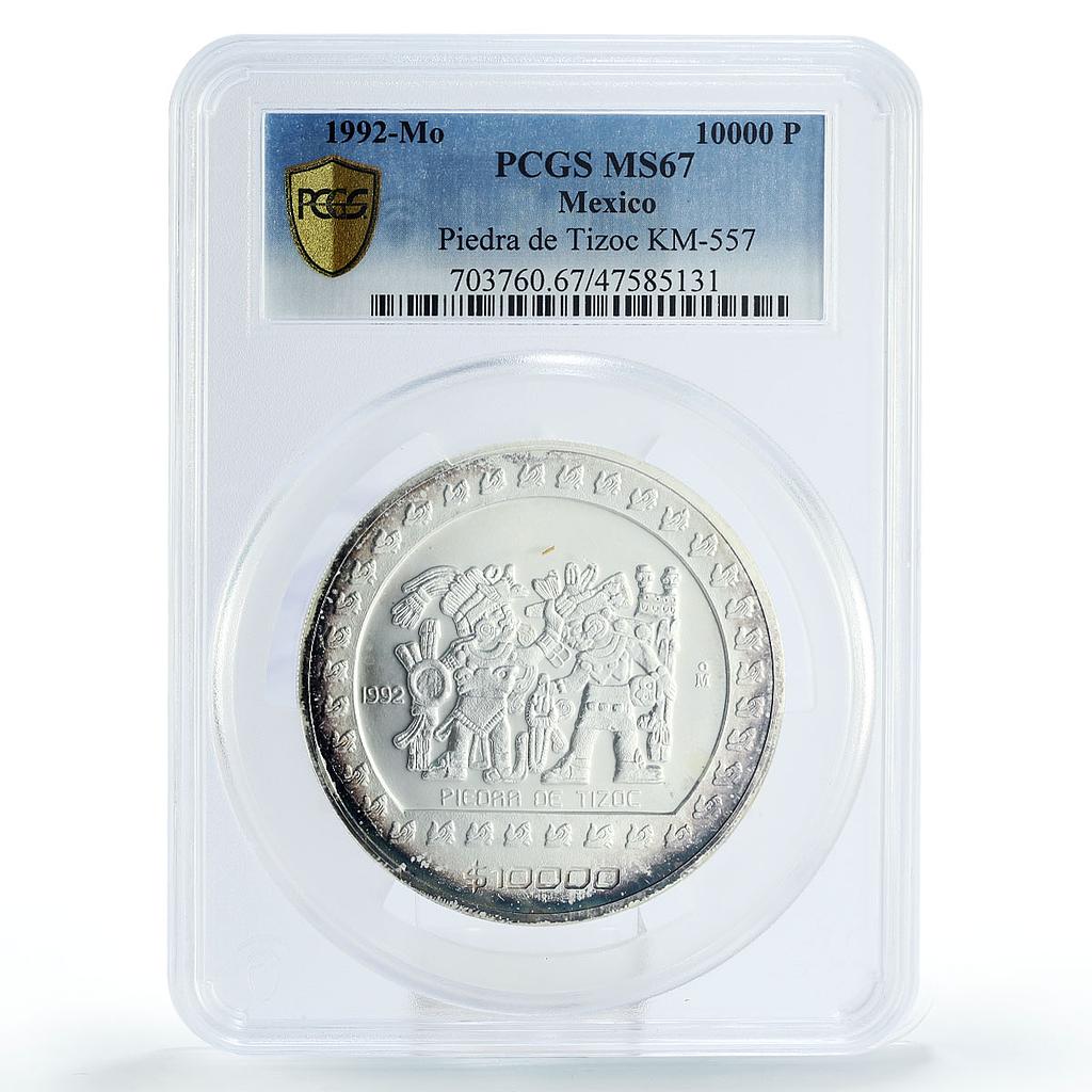 Mexico 10000 pesos Precolombina Piedra de Tizoc MS67 PCGS silver coin 1992