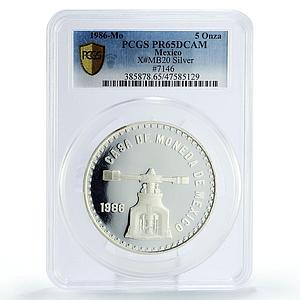 Mexico 5 onzas 450 Years of City Mint Old Screw Press PR65 PCGS silver coin 1986