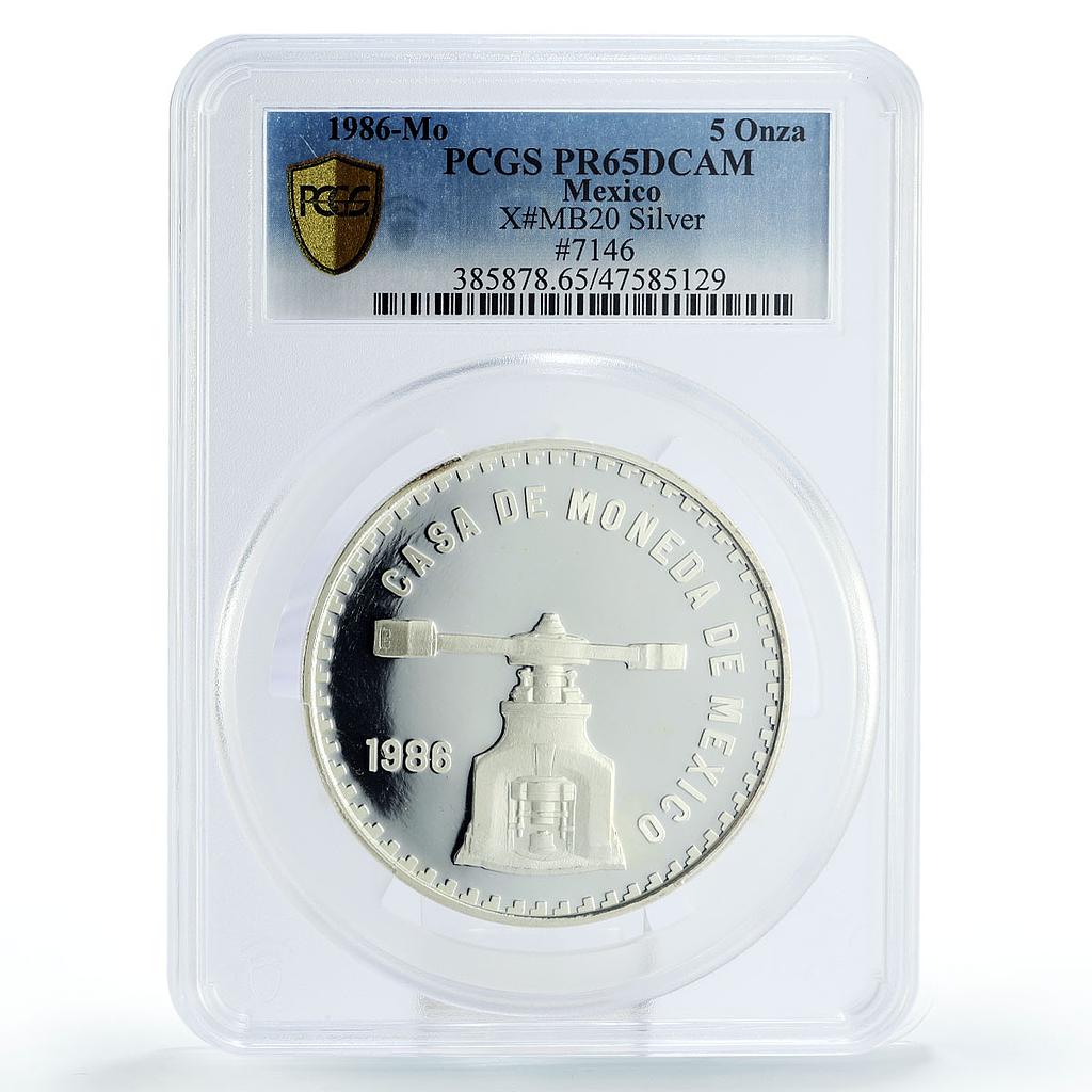 Mexico 5 onzas 450 Years of City Mint Old Screw Press PR65 PCGS silver coin 1986