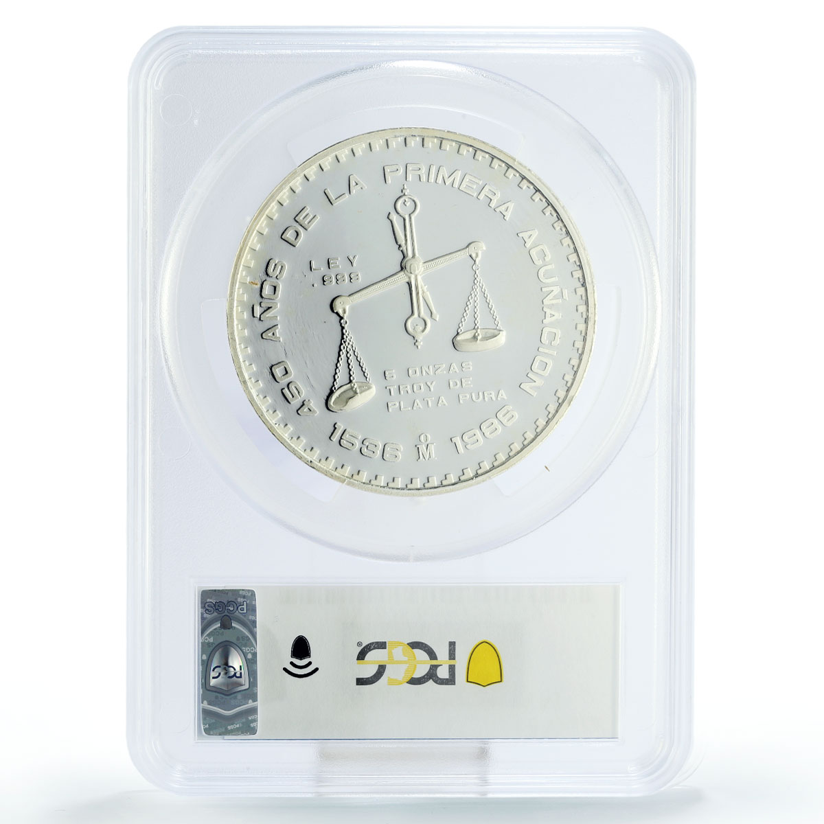 Mexico 5 onzas 450 Years of City Mint Old Screw Press PR65 PCGS silver coin 1986