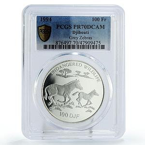 Djibouti 100 francs Endangered Wildlife Zebras Fauna PR70 PCGS silver coin 1994