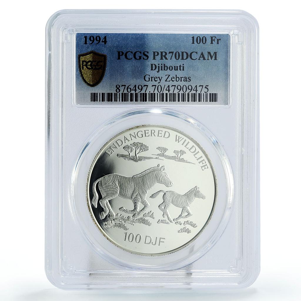Djibouti 100 francs Endangered Wildlife Zebras Fauna PR70 PCGS silver coin 1994
