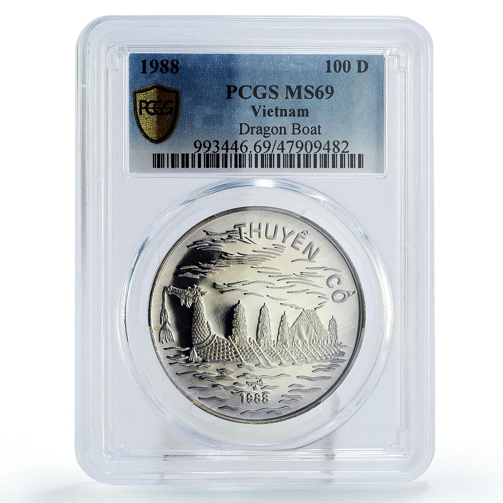 Vietnam 100 dong Historic Ship Large Dragon Ship MS69 PCGS silver coin 1988