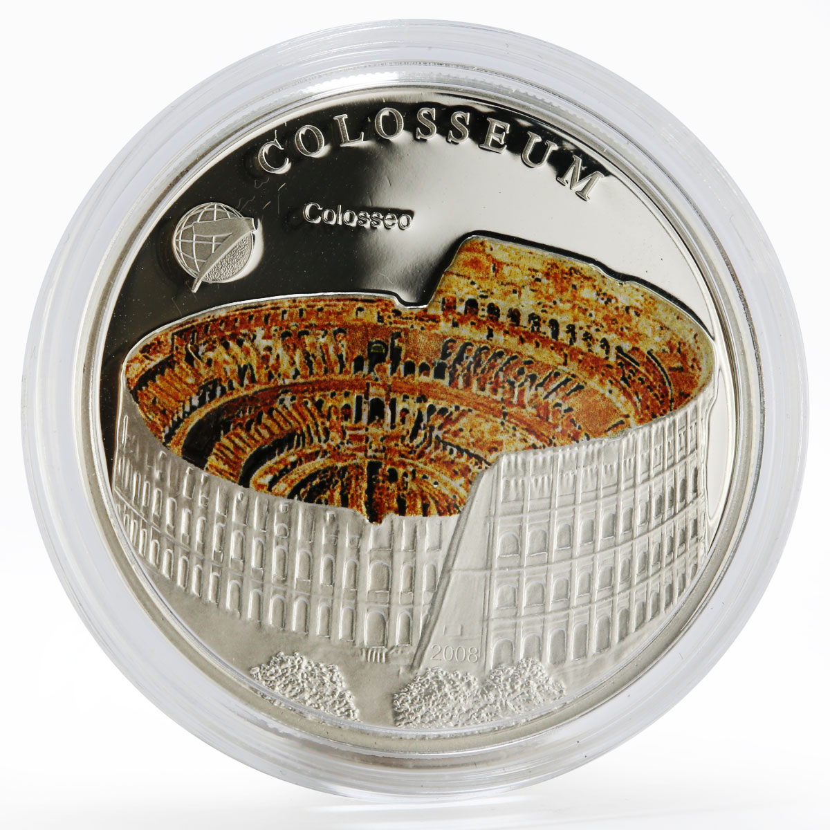 Mongolia 500 togrog 7 Wonders series Italian Colosseum proof silver coin 2008