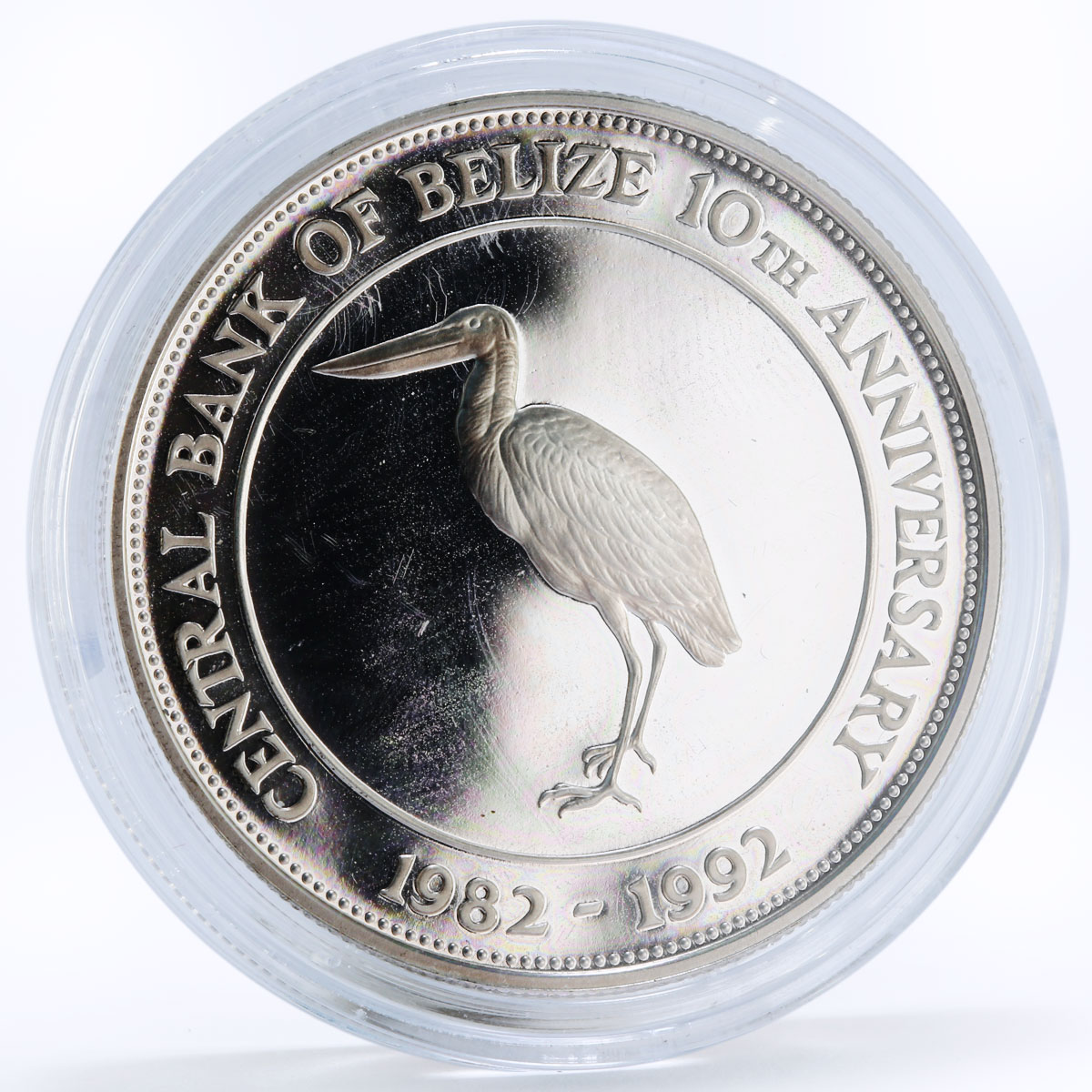 Belize 10 dollars 10th Anniversary of Central Bank Jabiru Bird silver coin 1992