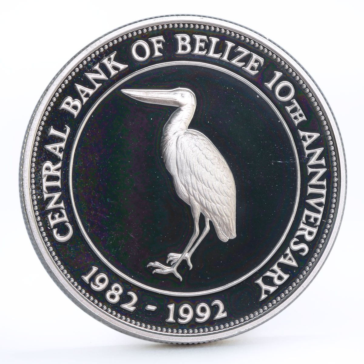 Belize 10 dollars 10th Anniversary of Central Bank Jabiru Bird silver coin 1992