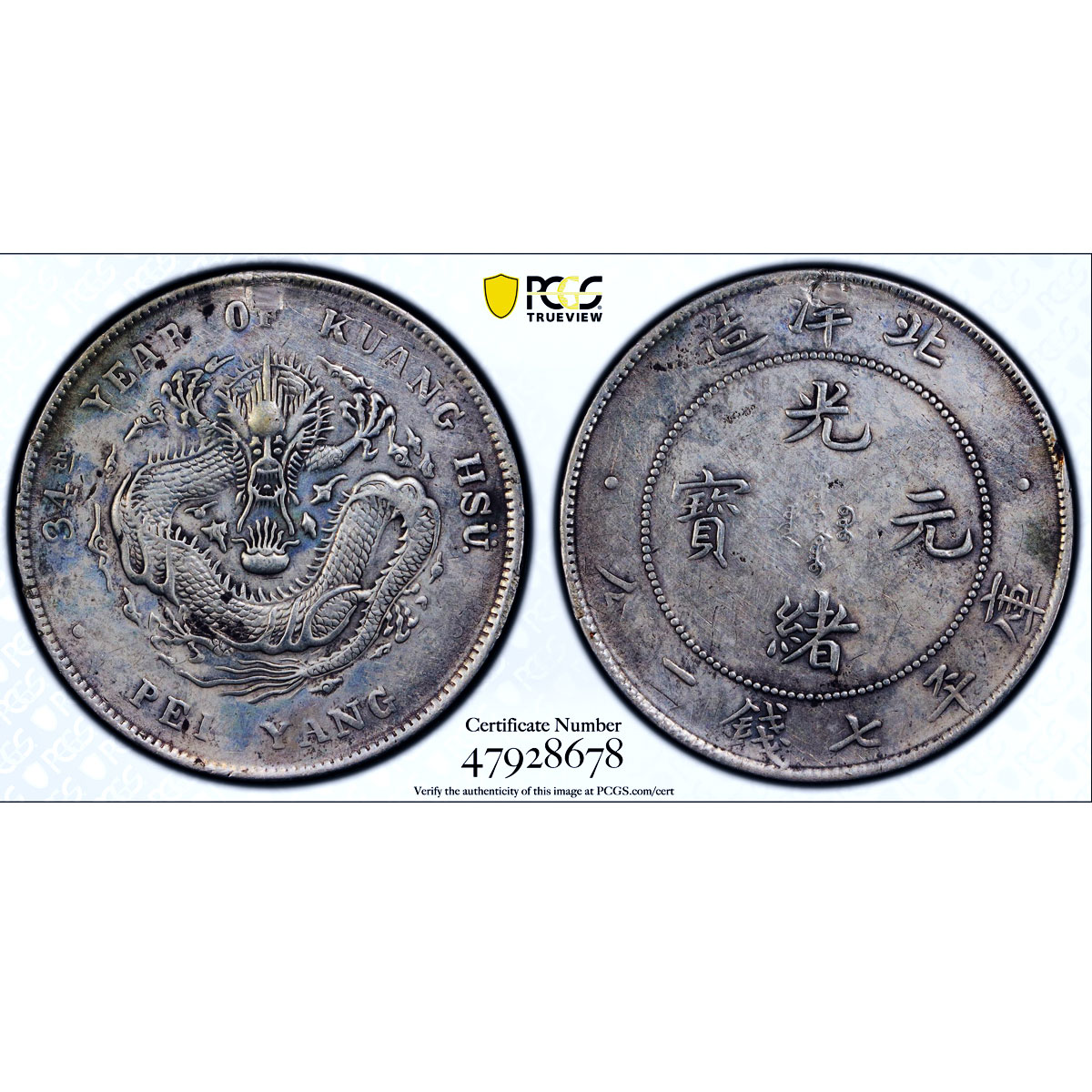 China Chihli 1 dollar Guangxu Dragon Pei Yang XF Details PCGS silver coin 1908