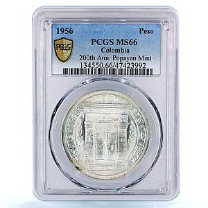Colombia 1 peso Bogota Popayan Mint Monument of Gates MS66 PCGS silver coin 1956