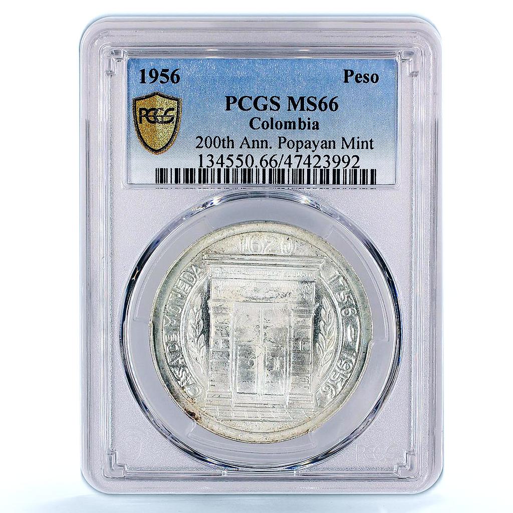 Colombia 1 peso Bogota Popayan Mint Monument of Gates MS66 PCGS silver coin 1956