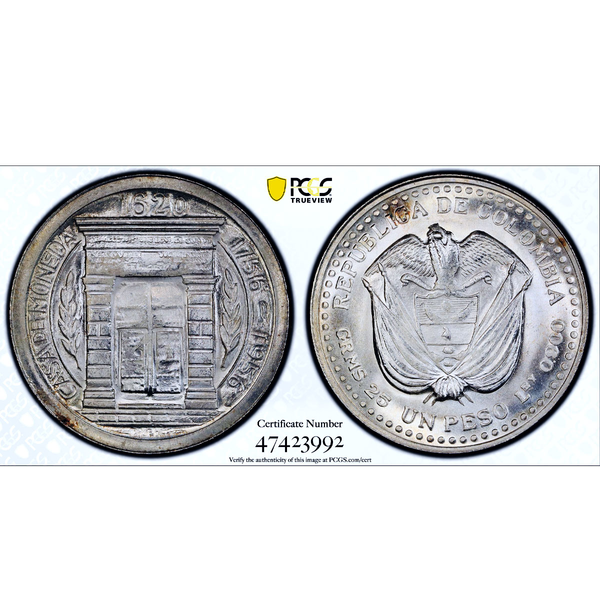 Colombia 1 peso Bogota Popayan Mint Monument of Gates MS66 PCGS silver coin 1956