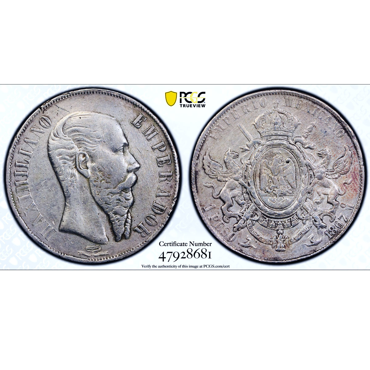 Mexico 1 peso Maximilian Maximiliano I KM-388.1 VF Detail PCGS silver coin 1867