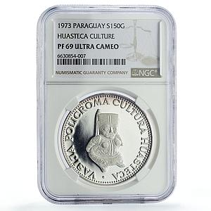 Paraguay 150 guaranies Huasteca Sculpture Statue Art PF69 NGC silver coin 1973