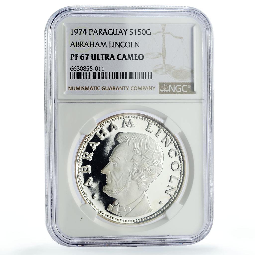 Paraguay 150 guaranies President Lincoln Politics PF67 NGC silver coin 1974