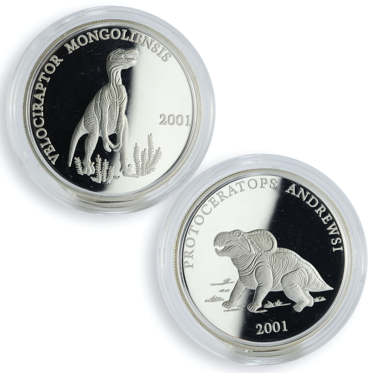 Mongolia set 2 coins Dinosaurs Series proof silver 2001