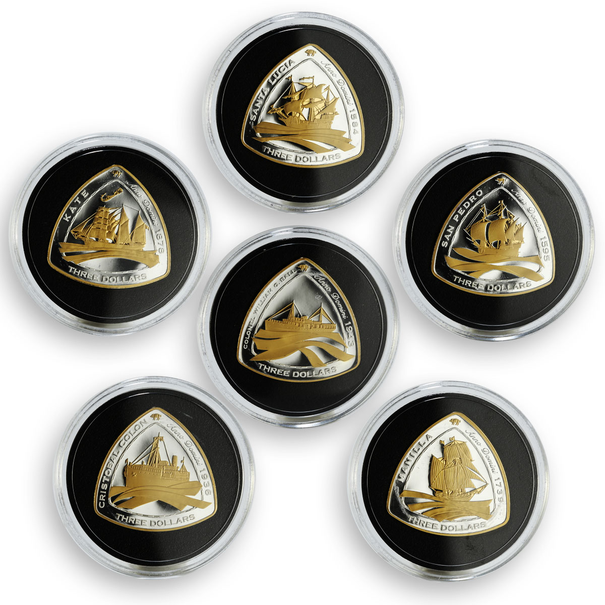 Bermuda set of 6 coins Ships Triangular silver proof gilded coins 2007