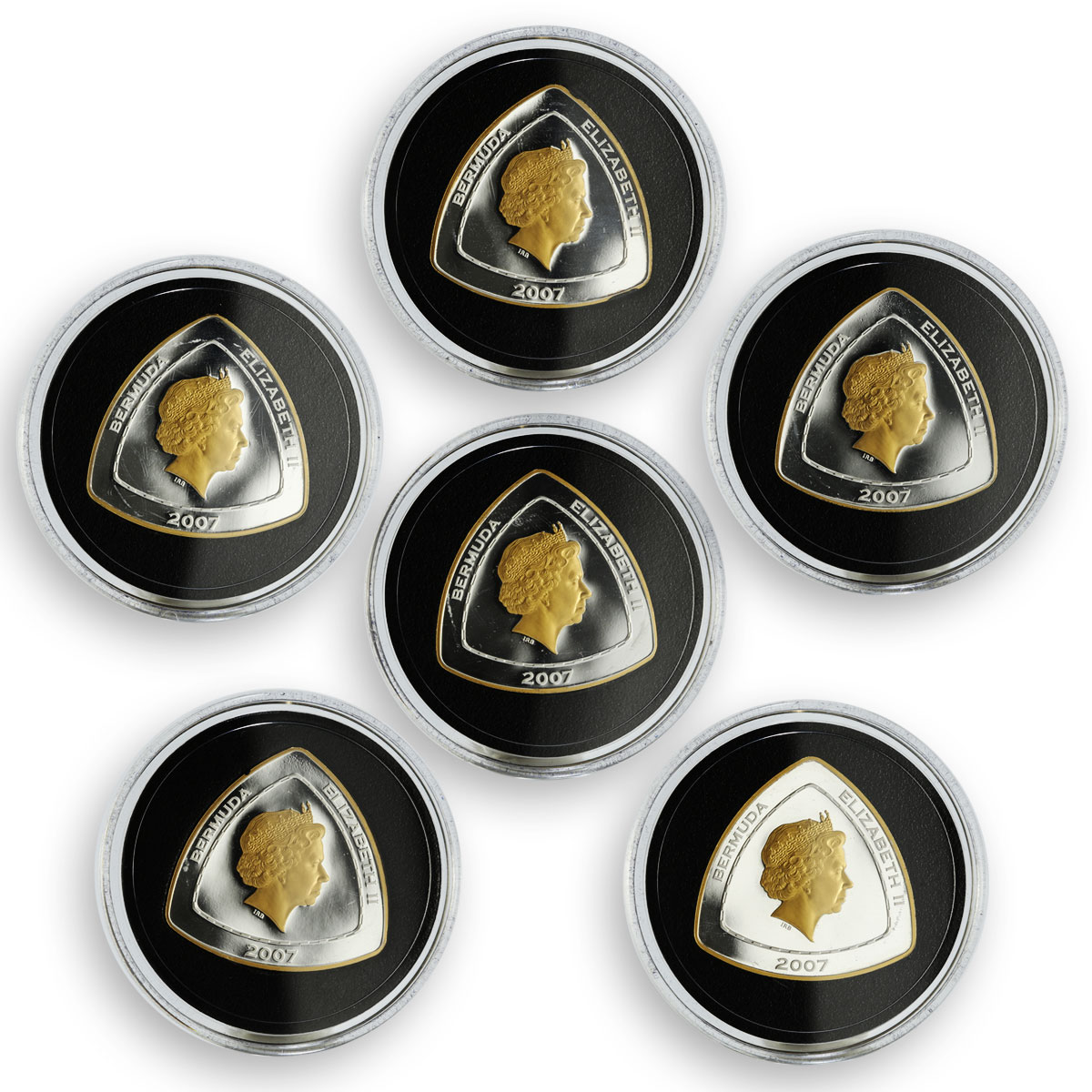 Bermuda set of 6 coins Ships Triangular silver proof gilded coins 2007