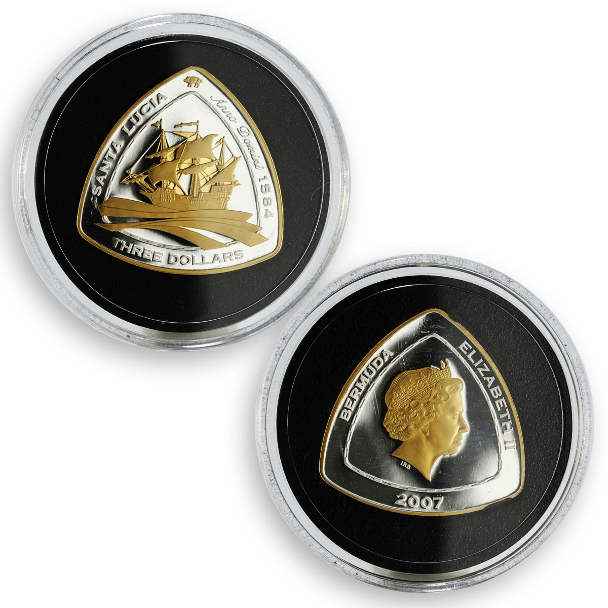 Bermuda set of 6 coins Ships Triangular silver proof gilded coins 2007