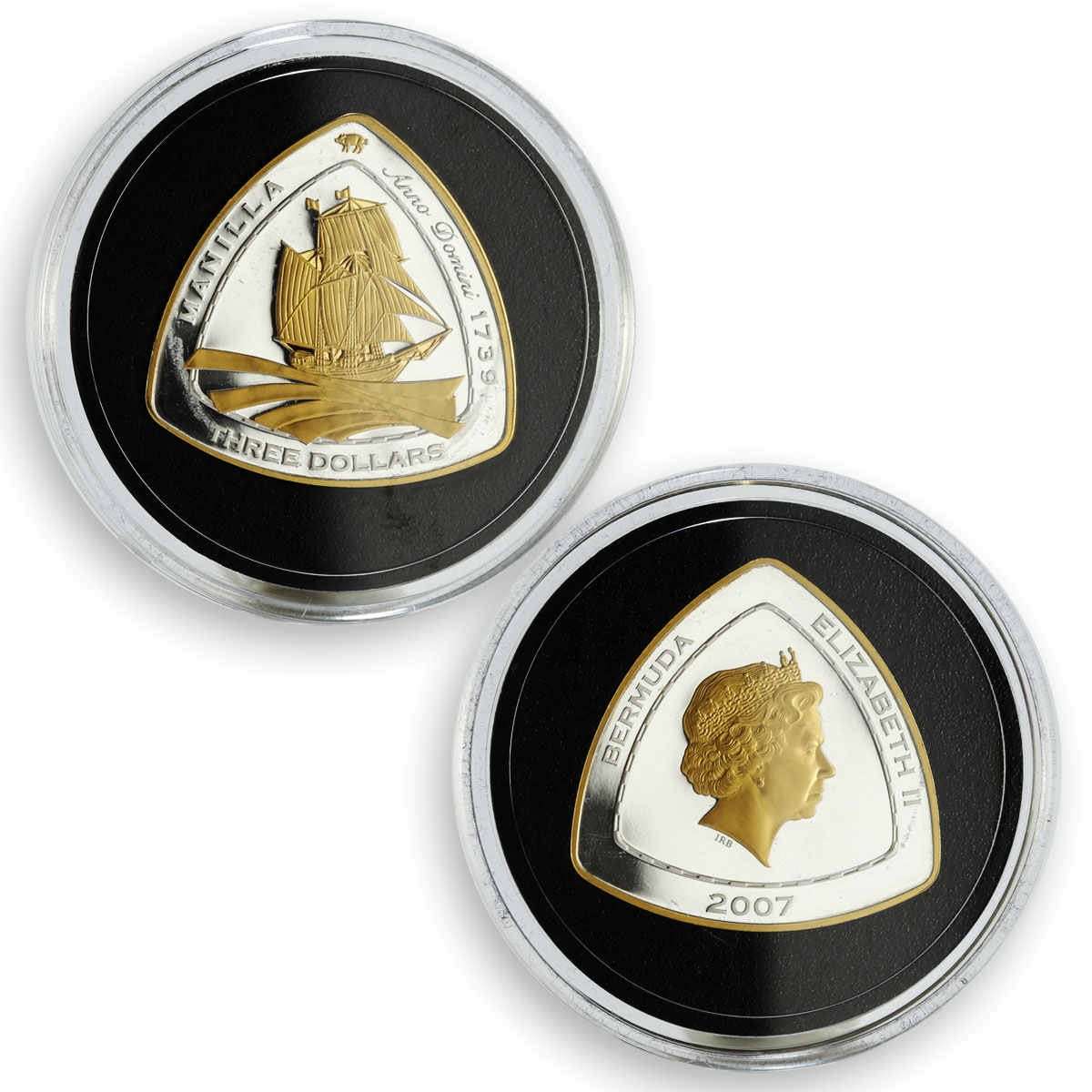 Bermuda set of 6 coins Ships Triangular silver proof gilded coins 2007