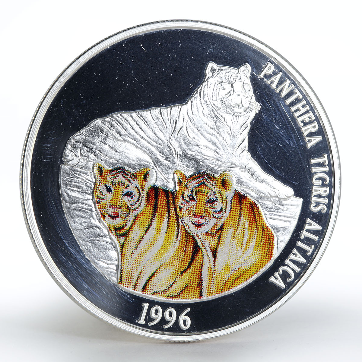 Mongolia 500 togrog Endangered Wildlife Siberian Tigers colored silver coin 1996