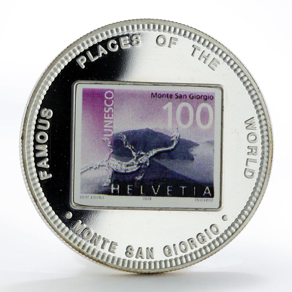 Malawi 10 kwacha Famous Places Monte San Giorgio Stamp colored  silver coin 2004