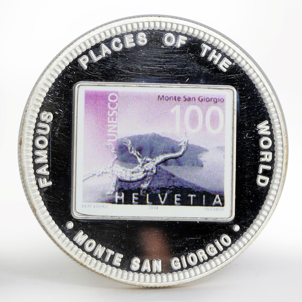 Malawi 10 kwacha Famous Places Monte San Giorgio stamp colored silver proof 2004