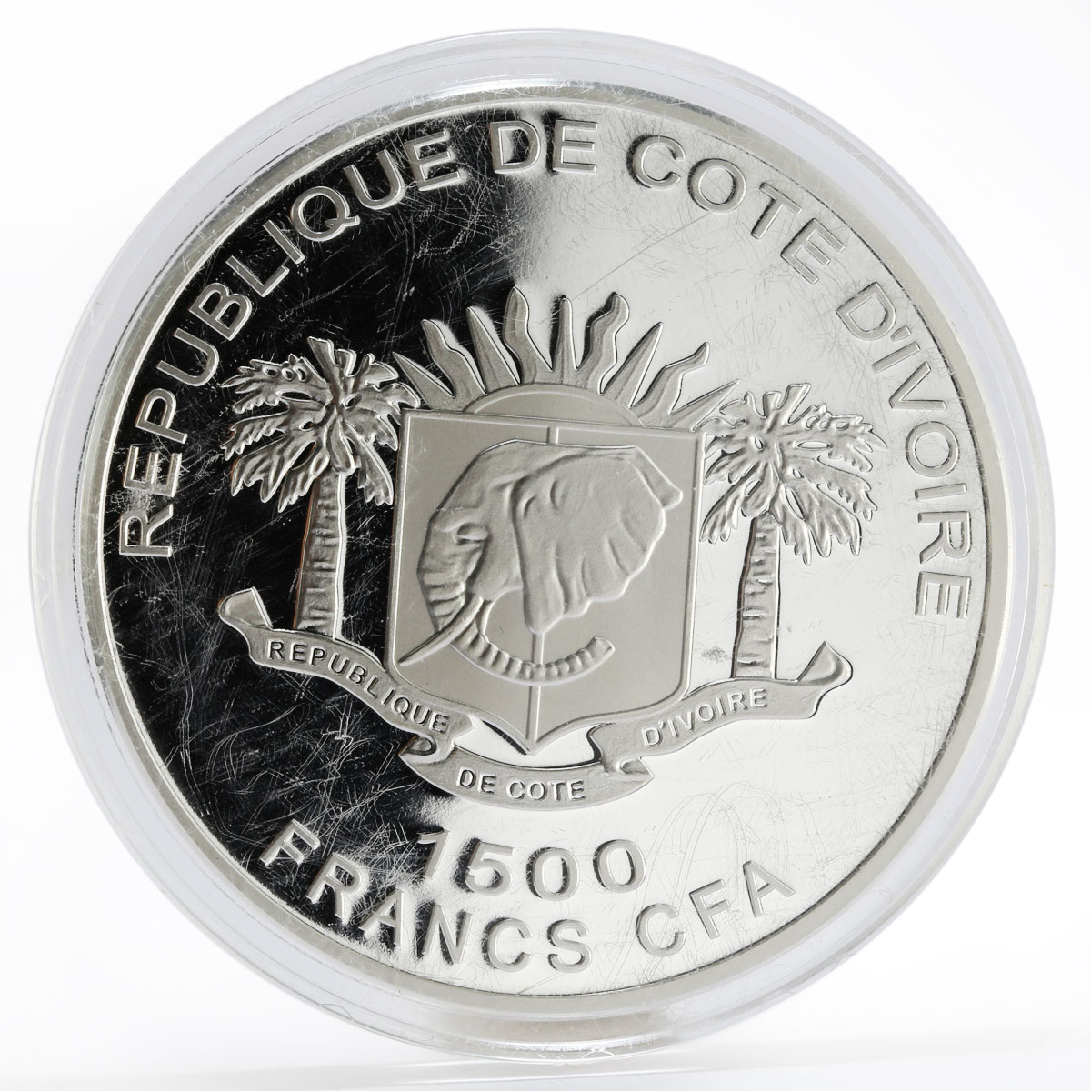 Ivory Coast 1500 francs Ancient Wonder Colossus of Rhodes proof silver coin 2010