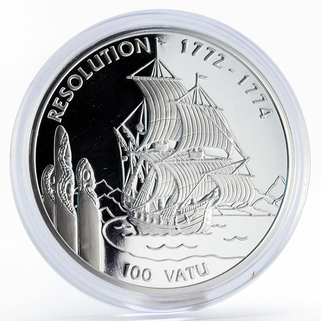 Vanuatu 100 vatu Sailing Ship HMS Resolution proof silver coin 1996