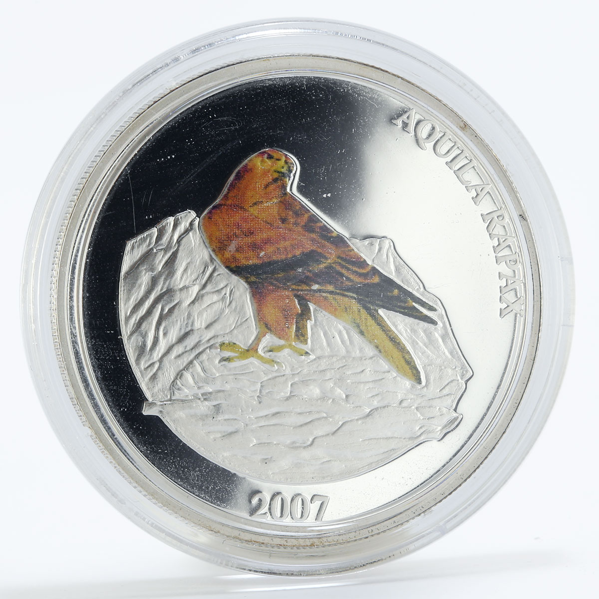 Mongolia 500 togrog Tawny Eagle bird colored silver coin 2007