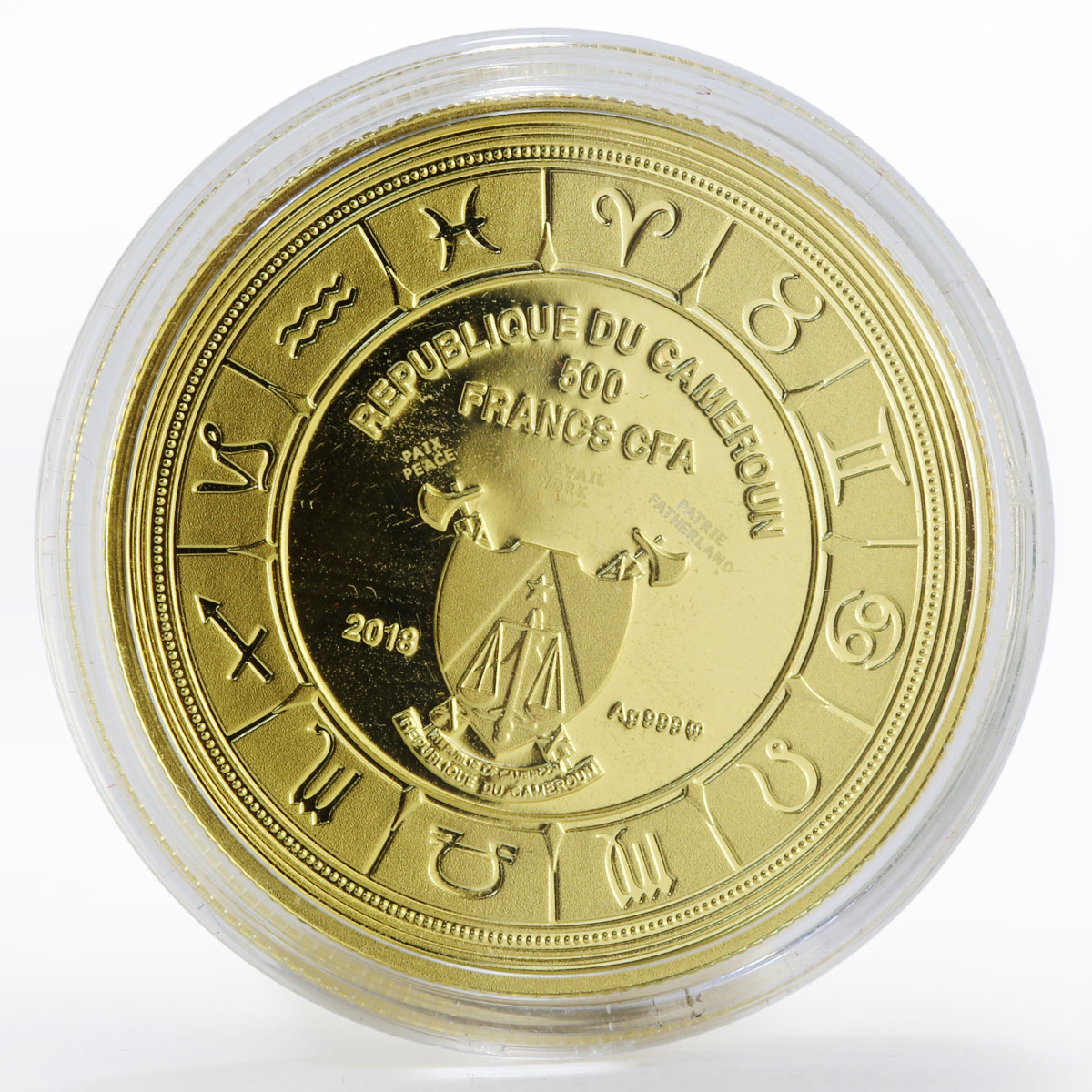 Cameroon 500 francs Zodiac Signs Pisces colored gilded proof silver coin 2018