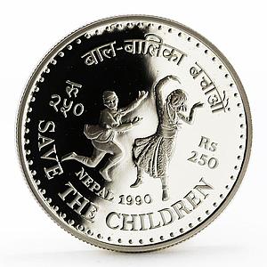 Nepal 250 rupees Save the Children Series Dancing Children silver coin 1990