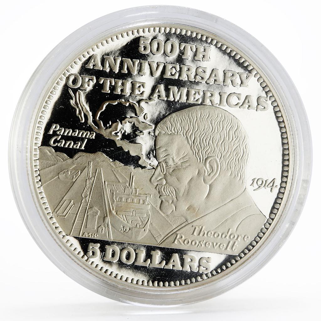 Bahamas 5 dollars 500 Years of America series Panama Canal silver coin 1992