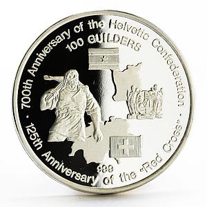 Suriname 100 guilders 125th Anniversary Red Cross proof silver coin 1991
