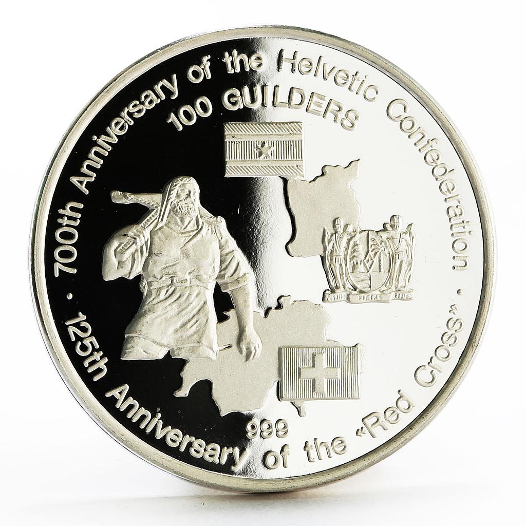 Suriname 100 guilders 125th Anniversary Red Cross proof silver coin 1991