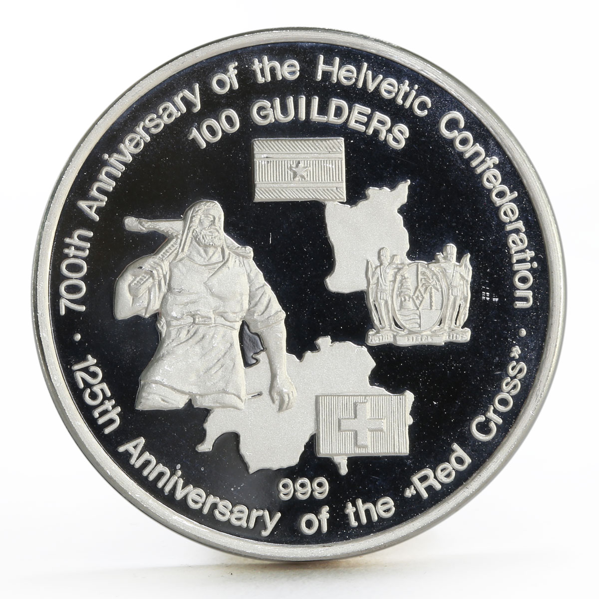 Suriname 100 guilders 125th Anniversary Red Cross proof silver coin 1991